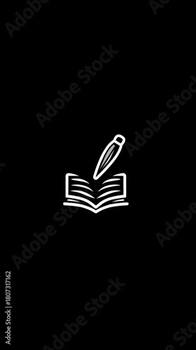 Open Book and Quill Pen Icon. White outline vector graphic symbolizing education, knowledge, writing, learning, and literature.