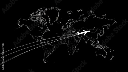 Global travel concept with an airplane flying across a stylized world map, illustrating international flight paths, worldwide transport, and connectivity.