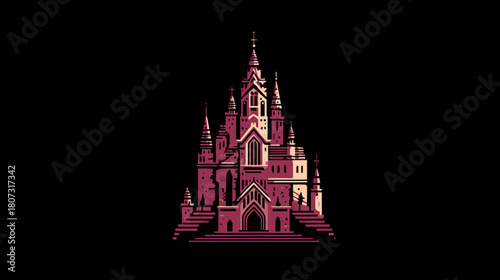 Retro pixel art gothic fantasy castle illustration with spires and dark aesthetic on a black background, vintage 8-bit game design