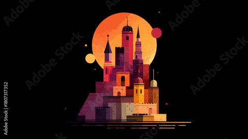 Colorful Stylized Castle Cityscape on a Hill Against a Warm Orange Sun, Isolated on Black Background - Digital Illustration