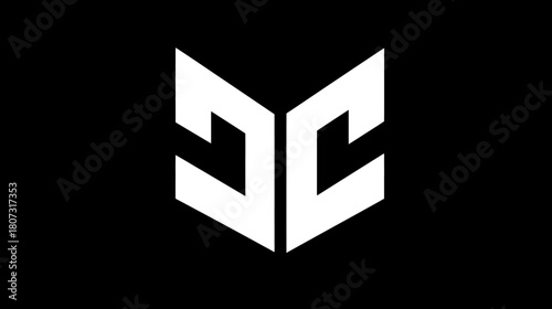 Modern symmetrical abstract geometric symbol icon design, white angular shape on black background, minimalist graphic element