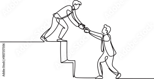 Single continuous line drawing of young happy businessman help to pull out his colleague from failure and rising again.one line icon with with white background