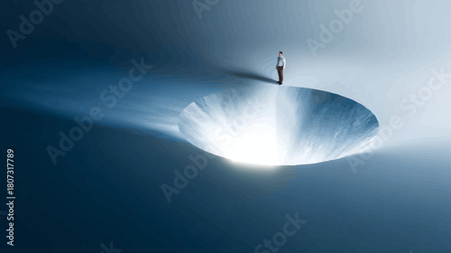 Man standing on the precipice of a glowing abyss, contemplating a business challenge, unknown future, or significant opportunity and risk.