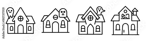 Haunted houses with spooky ghosts line art vector illustration set