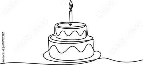 Birthday cake in continuous line art drawing style. Traditional birthday cake with candle on the top minimalist black linear sketch isolated.one line icon with with white background