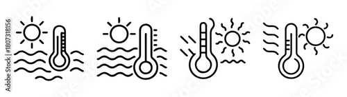 Hot weather and temperature measuring line icons collection