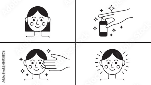 Black and white depicts a woman's skincare routine in four simple steps