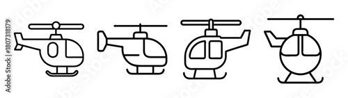 Four simple helicopter outline icons. air transport vector symbols kit.