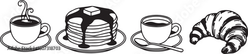 Black and white line drawing showing coffee, pancake with butter, and croissant