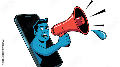 Man shouts through a megaphone emerging from a smartphone screen.