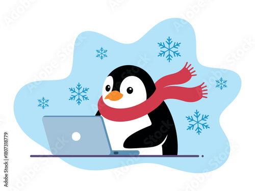 A cute penguin wearing a scarf uses a laptop computer in a snowy environment.