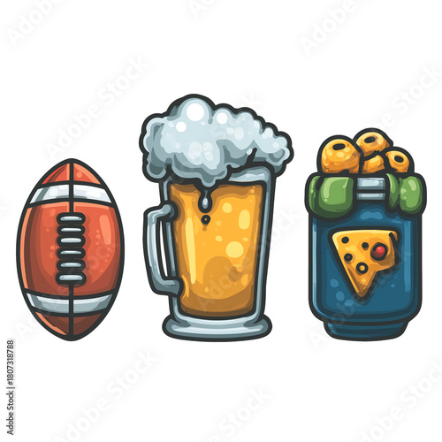 Football Watch Party Snack Icons with Beer and Game Food Vector Set