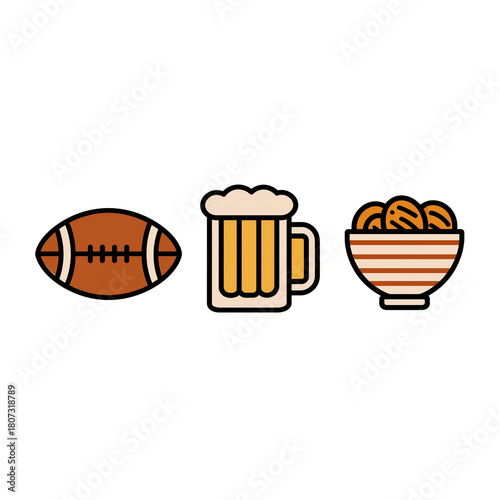 Football Watch Party Snack Icons with Beer and Game Food Vector Set