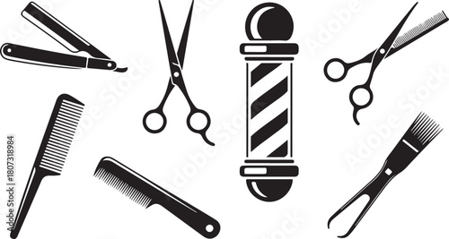 Black barber tools featuring a razor, scissors, combs, barber pole on a transparent background