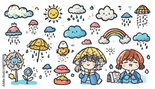 set of kawaii cloud variant different. weather doodle. Set of weather elements - sun, clouds, rain, wind, snow, tornado, lightning, crescent moon, stars. Vector hand-drawn illustration in doodle style