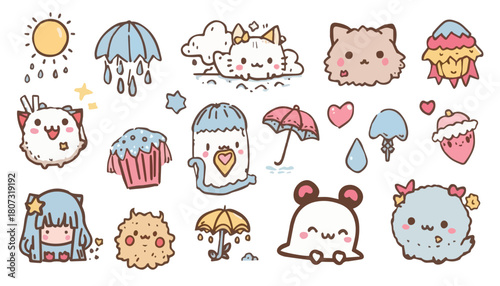 set of kawaii cloud variant different. weather doodle. Set of weather elements - sun, clouds, rain, wind, snow, tornado, lightning, crescent moon, stars. Vector hand-drawn illustration in doodle style