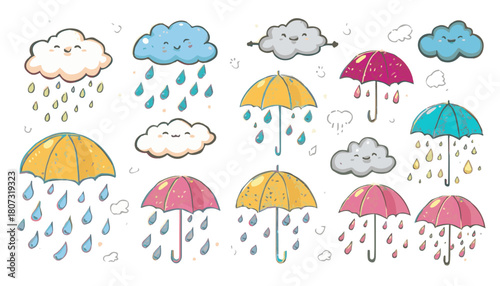 set of kawaii cloud variant different. weather doodle. Set of weather elements - sun, clouds, rain, wind, snow, tornado, lightning, crescent moon, stars. Vector hand-drawn illustration in doodle style