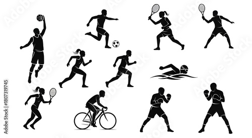 Silhouettes of Sport Player Icon Set, Athletic Action Figures