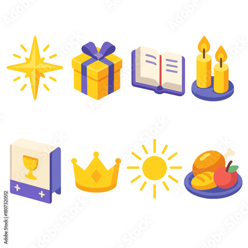 Epiphany Icon Set. Sacred Epiphany modern flat icon set: shining star, golden gift, open Bible, candles, altar cloth, crown symbol, holy light, festive meal.