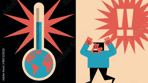 Global warming's impact is evident with rising temperatures and human distress.