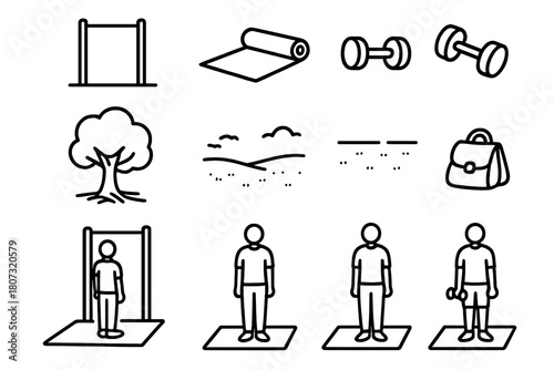 Outdoor Fitness Setup. Minimal Setup outline icon set: single bar station, yoga mat, dumbbells, tree shade, small equipment bag, open space, natural ground, morning light, calm