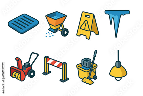Facility Safety Icons. Facility Safety modern flat icon set: entrance mat, salt spreader, caution sign, icicle, snowblower, safety barrier, mop bucket, light fixture.
