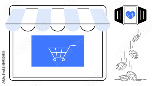 Online storefront featuring shopping cart, smartwatch displaying heart rate, and falling coins. Ideal for e-commerce, health tech, fitness commerce, digital payments, innovation, shopping simple