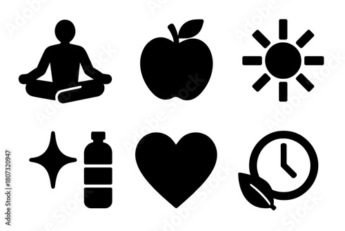 Balanced Life Icons. Balanced Life bold vector icon set: yoga pose, apple, water bottle, sun, sparkle, heart, clock, leaf.