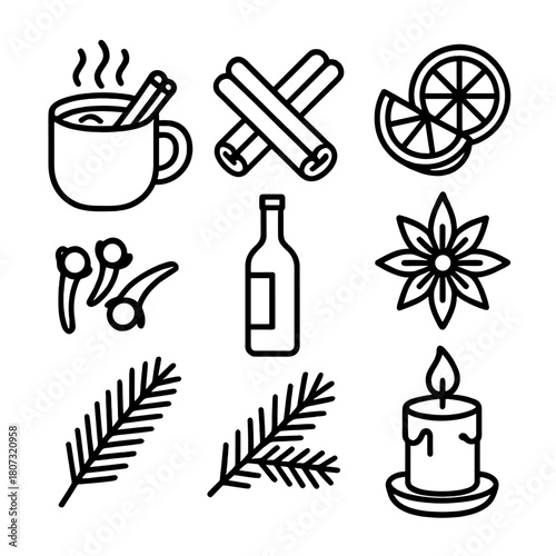 Festive Drink Icons. Holiday Mulled Wine outline icon set: steaming mug, cinnamon sticks, orange slices, star anise, cloves, red wine bottle, pine sprig, festive candle.