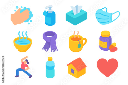Preventive Health Icons. Preventive Habits modern flat icon set: hand washing, sanitizer, tissue box, face mask, steam bowl, scarf, warm tea, vitamins, exercise icon, water bottle,