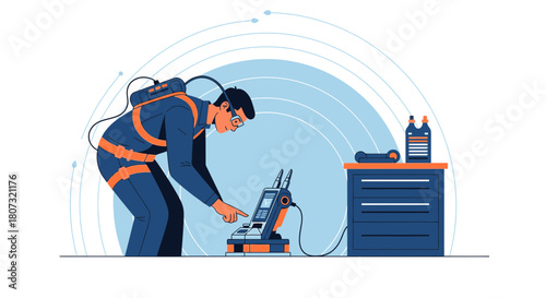 Advanced Technician Testing and Operating High-Tech Equipment in Futuristic Environment