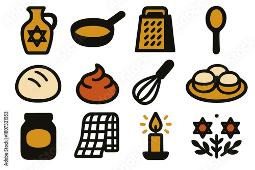 Hanukkah Cooking Icons. Traditional Hanukkah Cooking bold vector icon set: olive oil, frying pan, potato grater, wooden spoon, dough ball, jam filling, whisk, serving plate, flour