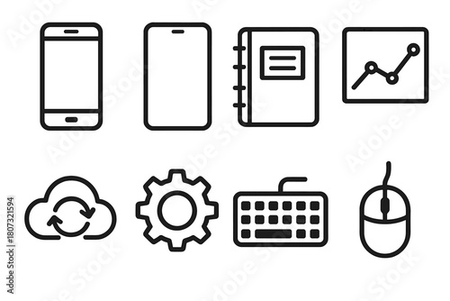 Tech Essentials Icons. Smart Tools outline icon set: smartphone, tablet, planner, data chart, cloud sync, gear, keyboard, mouse.
