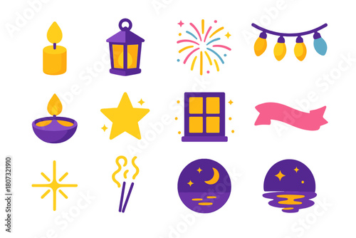 Vibrant Festival Icons. Festival of Lights Set modern flat icon set: candle flame, lantern, fireworks, string lights, diya lamp, star, glowing window, ribbon, spark, incense smoke,