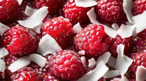 A close-up view of vibrant raspberries atop a chia seed pudding garnished with coconut flakes in natural light