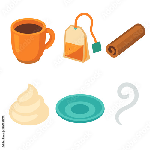Cozy Beverage Icons. Cozy Beverages modern flat icon set: cup of cocoa, tea bag, cinnamon stick, whipped cream, saucer, steam swirl.
