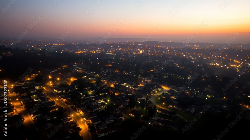 Fototapeta premium Aerial view of a sprawling cityscape at twilight with warm lights illuminating the urban landscape under a darkening sky