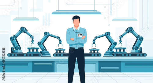 Automated manufacturing process featuring robotics and human oversight within a modern factory