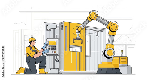 Automated manufacturing process with robotic arm and human operator working together seamlessly