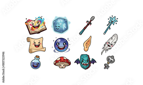10 emoji icons shaped like magical fantasy items — laughing spellbook, glowing rune stone, smiling wand, giggling scroll, floating orb grin, enchanted feather — bright whimsical palette