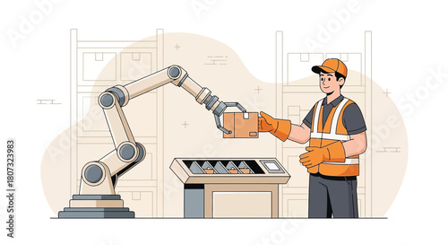 Automated production line featuring robotic arm and warehouse worker in factory environment
