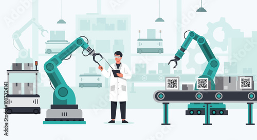 Automated warehouse illustration depicting industry 4.0 logistics and management system with