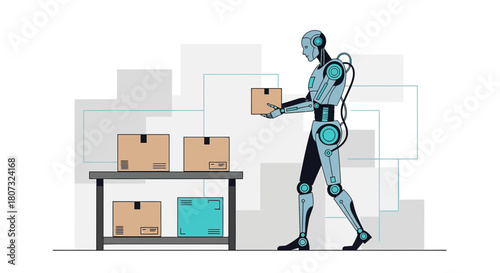 Automated warehouse logistics with robot worker handling packages for efficient distribution