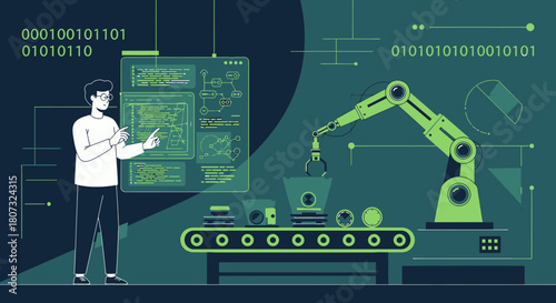 Automation engineer analyzing production line performance with robotic arm system