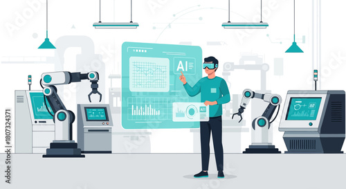 Automation Engineer Interacting with AI-Powered Robotic Systems in a Smart Factory Environment