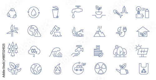 Environmental Conservation Icons | Climate Change Awareness | Pollution Prevention | Green Energy | Forest Protection | Water Saving | Sustainable Development | Nature Care | Eco Symbols | Vector Set.