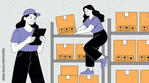 Two women working together in a warehouse, organizing and managing inventory with a tablet.