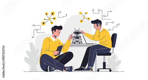 Collaborative innovation showcasing engineers developing a futuristic AI robot with advanced