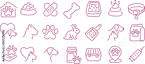 Hand drawn pet care and veterinary icons in red outline