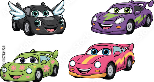 Cute cartoon racing cars with expressive faces, colorful designs, playful kids illustration, fun automotive characters perfect for children’s artwork and decorations
